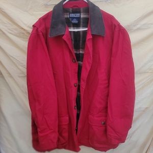 Canvas duck cloth casual jacket With leather trim collar. Flannel lined interior